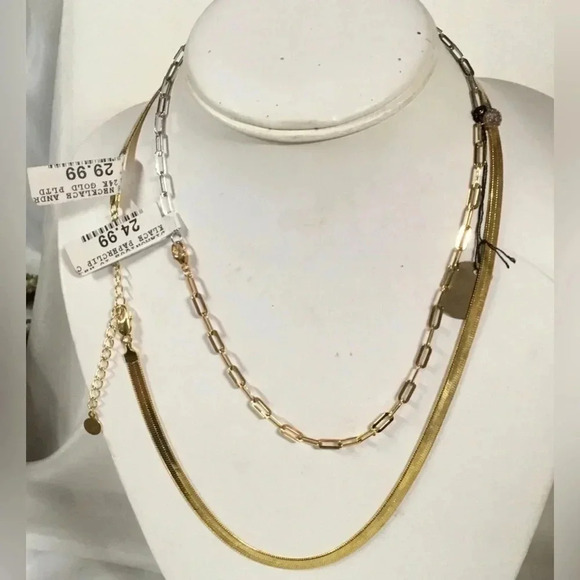 2 Necklaces. Gold Herringbone and Gold Open Link with CZ - Picture 4 of 4